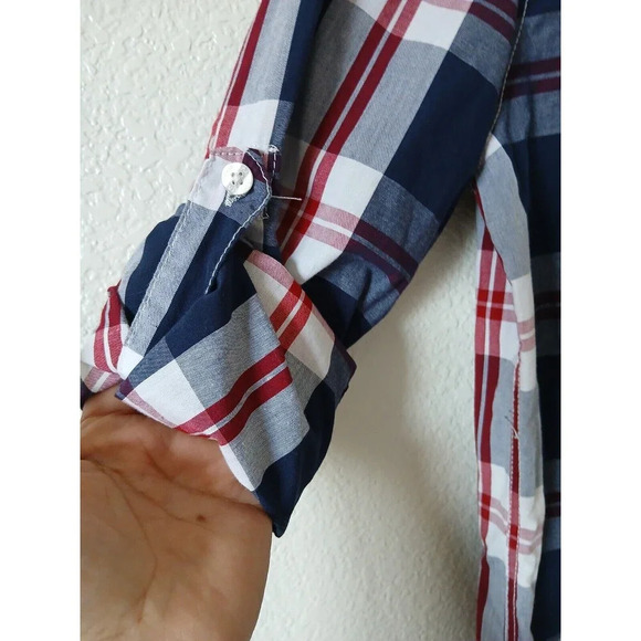 Coastal Shirt Men's Medium Blue Red Plaid Western Cowboy Tab Roll Sleeves Snap - Picture 8 of 16